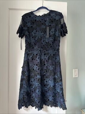 Elie Tahari Navy Blue Floral Lace Midi Dress